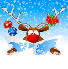 Reindeer with a world map. A cartoon deer is viewing a world map on Christmas Eve. Deer with a card and Christmas decorations on a winter background