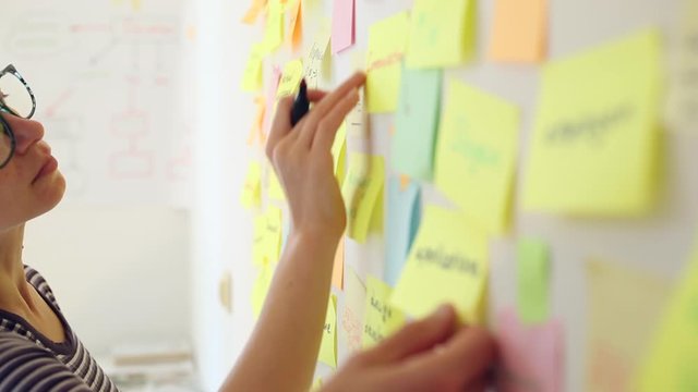 A young woman with glasses writes ideas on sticky post paper notes and memos on the wall. 