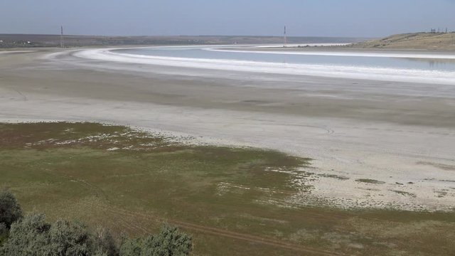 Salt in the upper Kuyalnik estuary, dry mud, cracked silt and salt tolerant plants on the shore. Kuyalnik Estuary, Ukraine
