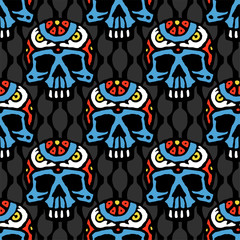 Seamless pattern with hand drawn skulls. Vector Illustration