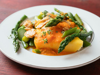 Polenta with Asparagus, Vegan Chickun and a Creamy Bell Pepper Sauce