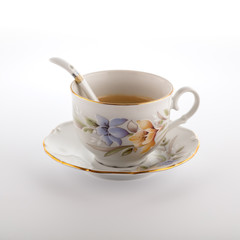 The cup of coffee isolated on white background. Top view at an angle. For design.