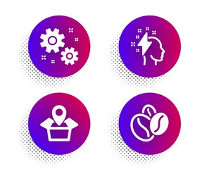 Brainstorming, Work and Package location icons simple set. Halftone dots button. Coffee beans sign. Lightning bolt, Settings, Delivery tracking. Roasted seeds. Business set. Vector