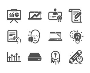 Set of Science icons, such as Presentation, Certificate, Feather, Laptop, Mini pc, Swipe up, Sales diagram, Growth chart, Document, Face attention, Idea gear, Project deadline. Vector