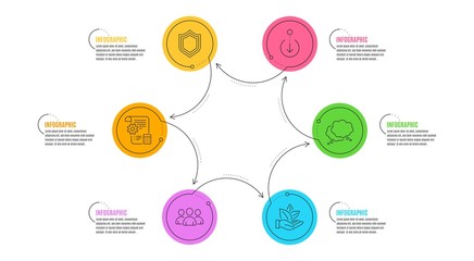 Security, Speech bubble and Settings blueprint signs. Infographic timeline. Organic product, Group and Scroll down line icons set. Leaf, Group of users, Swipe screen. Protection shield. Vector