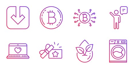 Web love, Loyalty gift and Bitcoin line icons set. Agent, Bitcoin system and Load document signs. Organic product, Washing machine symbols. Social network, Bonus award. Technology set. Vector
