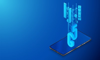 Logo 5G. The antenna of telecommunication on a smartphone. New innovative broadband data function.