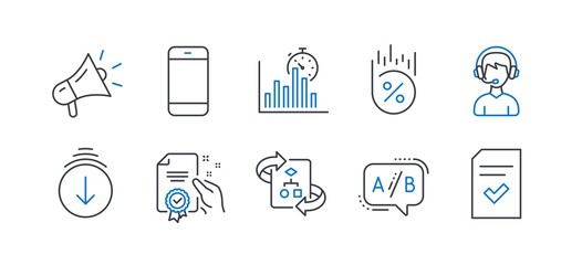 Set of Technology icons, such as Scroll down, Smartphone, Certificate, Ab testing, Megaphone, Report timer, Loan percent, Technical algorithm, Consultant, Checked file line icons. Vector