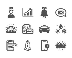 Set of Business icons, such as Graph chart, Smartphone protection, Taxi, Megaphone checklist, Messenger, Bell, Rocket, Weather, Star, Sports stadium, Doctor, Vacancy classic icons. Vector