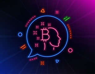 Bitcoin think line icon. Neon laser lights. Cryptocurrency head sign. Crypto money symbol. Glow laser speech bubble. Neon lights chat bubble. Banner badge with bitcoin think icon. Vector