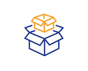 Delivery parcel sign. Packing boxes line icon. Cargo box symbol. Colorful outline concept. Blue and orange thin line packing boxes icon. Vector