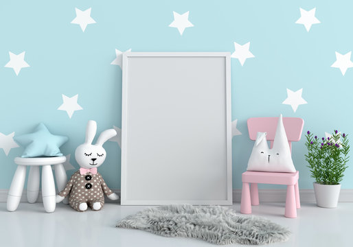 Empty photo frame for mockup and doll on floor, 3D rendering