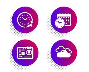 Motherboard, 24 hours and Calendar time icons simple set. Halftone dots button. Cloudy weather sign. Computer component, Time, Clock. Sky climate. Science set. Classic flat motherboard icon. Vector