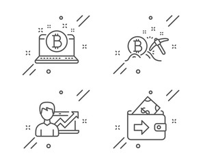 Bitcoin mining, Bitcoin and Success business line icons set. Wallet sign. Cryptocurrency pickaxe, Cryptocurrency laptop, Growth chart. Money payment. Finance set. Vector