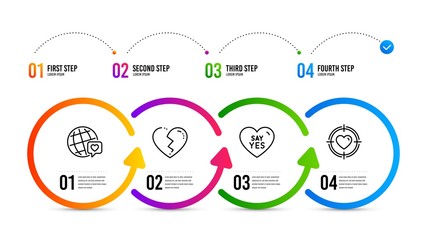 Valentine target sign. Infographics timeline. Broken heart, Say yes and World brand line icons set. Love end, Wedding, Love. Heart in aim. Love set. Broken heart icon. Timeline diagram. Vector