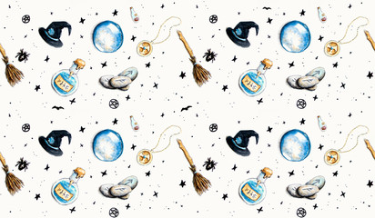 Hand drawn halloween background with witch accessories