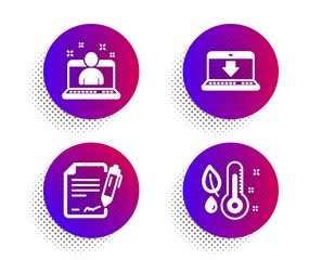 Signing document, Best manager and Internet downloading icons simple set. Halftone dots button. Thermometer sign. Contract, Best developer, Load data. Grow plant. Business set. Vector