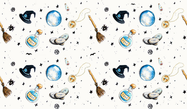 Hand drawn halloween background with witch accessories