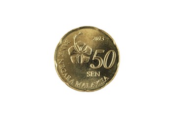 A close up, macro shot of a gold fifty sen coin from Malaysia isolated on a clean, white background © Vitoria Holdings LLC