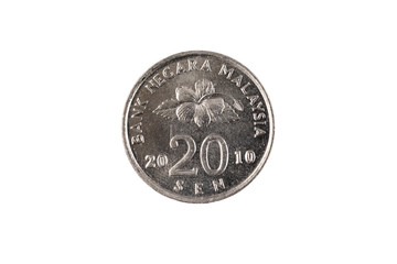 A close up, macro shot of a silver twenty sen coin from Malaysia isolated on a clean, white background © Vitoria Holdings LLC