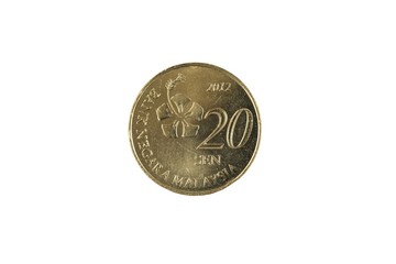 A close up, macro shot of a gold twenty sen coin from Malaysia isolated on a clean, white background © Vitoria Holdings LLC