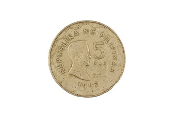 A close up image of a Filipino five piso coin isolated, close up in macro, on a white background