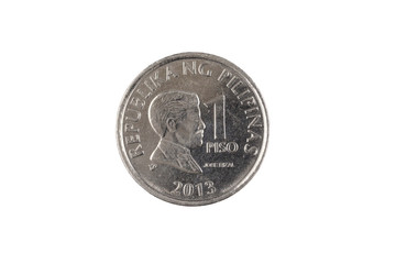A close up image of a Filipino one piso coin isolated, close up in macro, on a white background