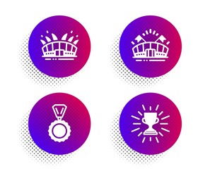 Sports arena, Medal and Arena stadium icons simple set. Halftone dots button. Trophy sign. Event stadium, Winner, Sport complex. Winner cup. Sports set. Classic flat sports arena icon. Vector