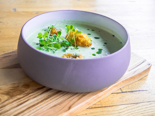 Seafood Soup with Shrimps and Fresh Vegetables, selective focus