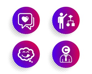 Fototapeta premium Yummy smile, Heart and Algorithm icons simple set. Halftone dots button. Copyrighter sign. Comic chat, Love chat, Developers job. Writer person. People set. Classic flat yummy smile icon. Vector