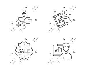 Payment method, Sale and Block diagram line icons set. Presentation board sign. Give money, Shopping star, Algorithm path. Growth chart. Finance set. Line payment method outline icon. Vector