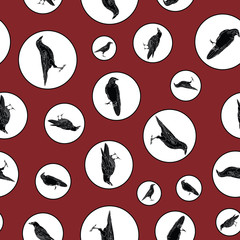 Vector Black Crows Ravens Birds in White Polka Dots on Red Background Seamless Repeat Pattern