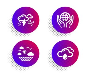 Organic tested, Travel sea and Bad weather icons simple set. Halftone dots button. Rainy weather sign. Safe nature, Summer holidays, Clouds. Rain. Nature set. Classic flat organic tested icon. Vector