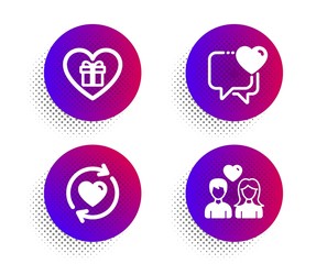 Update relationships, Romantic gift and Heart icons simple set. Halftone dots button. Couple love sign. Refresh love. Love set. Classic flat update relationships icon. Vector
