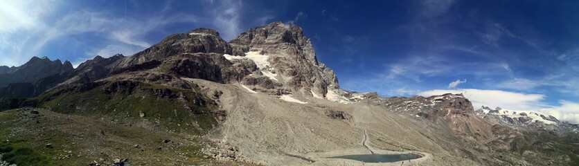 Panoramic view in the mountains  - Landscape in the mountains -  Monte Cervino - Matterhorn mountains at Rifugio Duca degli Abruzzi L`Orionde, in Breuil-Cervinia, Italy