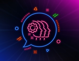 Employees teamwork line icon. Neon laser lights. Collaboration sign. Development partners symbol. Glow laser speech bubble. Neon lights chat bubble. Banner badge with employees teamwork icon. Vector