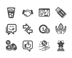 Set of Business icons, such as Loan percent, Usd coins, Usb flash, Currency exchange, Handshake, Seo strategy, Fair trade, Winner, Yummy smile, Synchronize, Like, Ice tea classic icons. Vector