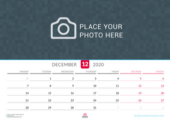 December 2020. Wall calendar planner with place for photo. Vector design print template. Week starts on Monday. Landscape orientation