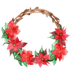 Watercolor hand painted christmas circle wreath with brown branch and red flower poinsettia with green leaves isolated on the white for new year invitation, celebrate postcard with the space for text