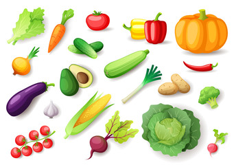 Colorful fresh vegetables set isolated, organic healthy food