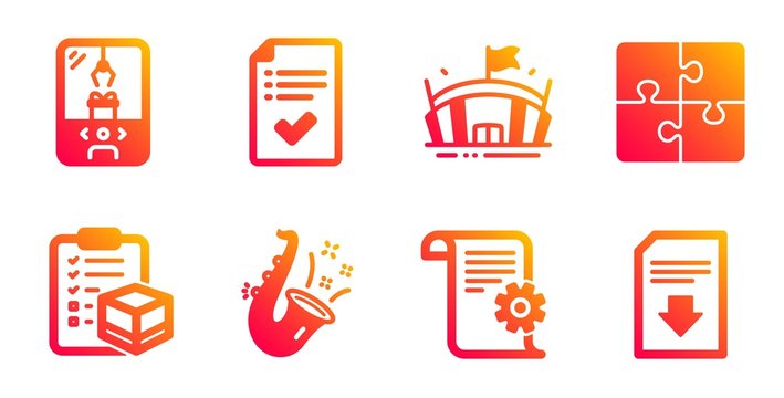 Jazz, Parcel checklist and Approved checklist line icons set. Puzzle, Crane claw machine and Technical documentation signs. Arena, Download file symbols. Saxophone, Logistics check. Vector