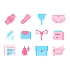 Cartoon Color Feminine Hygiene Products Icon Set. Vector