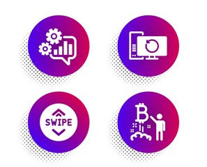 Cogwheel, Swipe up and Recovery computer icons simple set. Halftone dots button. Bitcoin project sign. Engineering tool, Scroll screen, Backup info. Cryptocurrency startup. Technology set. Vector