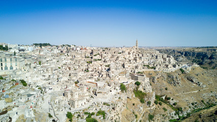 Aerial photo shooting with drone of Matera, a famous Italy town for houses of stones, is one of the Italian sites inscribed in the UNESCO World Heritage List