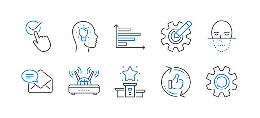 Set of Technology icons, such as Cogwheel, Wifi, Winner podium, New mail, Refresh like, Face recognition, Horizontal chart, Idea head, Checkbox, Service line icons. Line cogwheel icon. Vector
