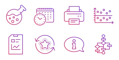 Chemistry lab, Printer and Information line icons set. Report document, Calendar time and Loyalty points signs. Dot plot, Block diagram symbols. Laboratory, Printing device. Technology set. Vector