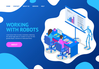 Robot and Human Working Concept Landing Web Page Template. Vector
