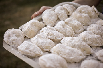 Fototapeta na wymiar National Ukrainian food. Many delicious dumplings on a tray.