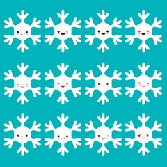 Kawaii snowflake set white funny face with eyes and pink cheeks on blue background. Vector