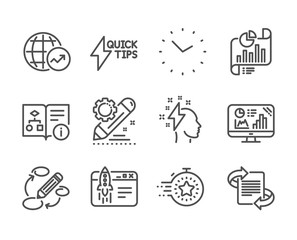 Fototapeta premium Set of Education icons, such as Marketing, Start business, World statistics, Technical algorithm, Quickstart guide, Report document, Project edit, Time, Analytics graph, Timer, Keywords. Vector